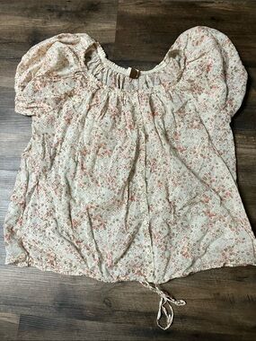 Sonoma Cream Floral Puff-Sleeve Blouse with Pink Accents